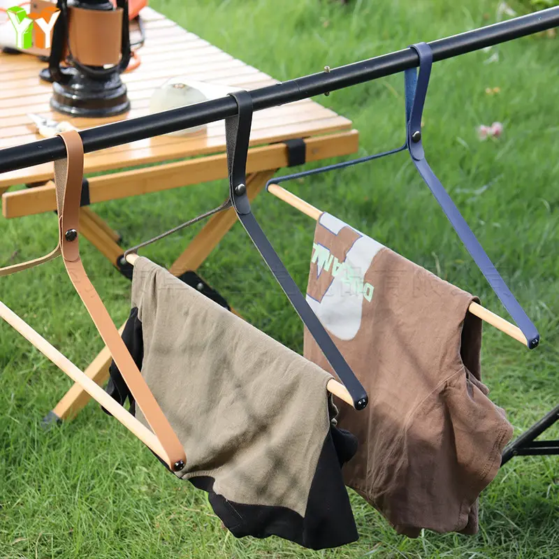 Stocked Camping Hanging Rack Beech Clothes Hanging PU Leather Storage Rack Shelf for Outdoors