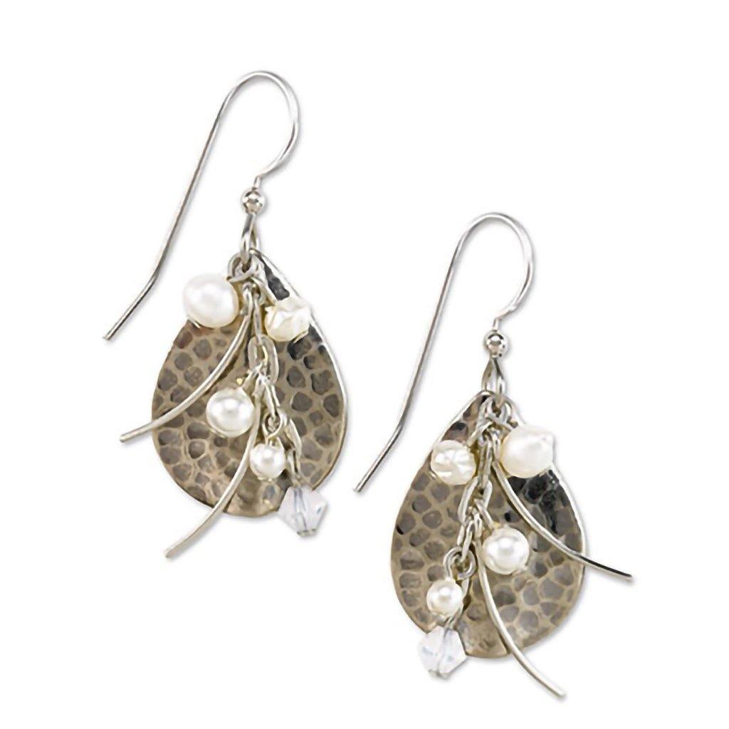 Silver Forest Earrings - Hammered Silver Crystal Beads Teardrop Earrings