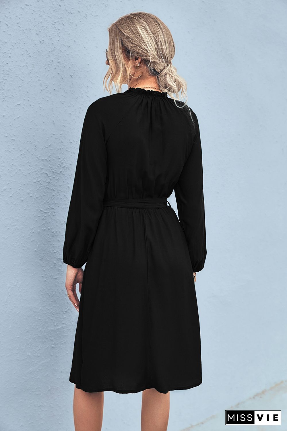 Plain Ruffle Neck Raglan Sleeves High Waist Midi Dress