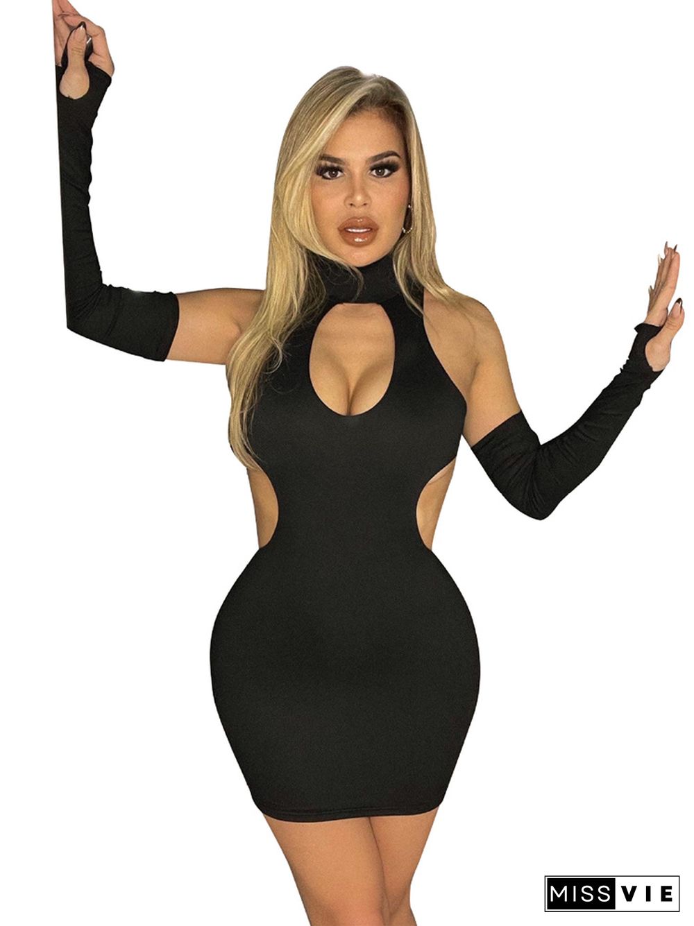 Hollow Out Turtleneck Skinny Party Dress With Gloves