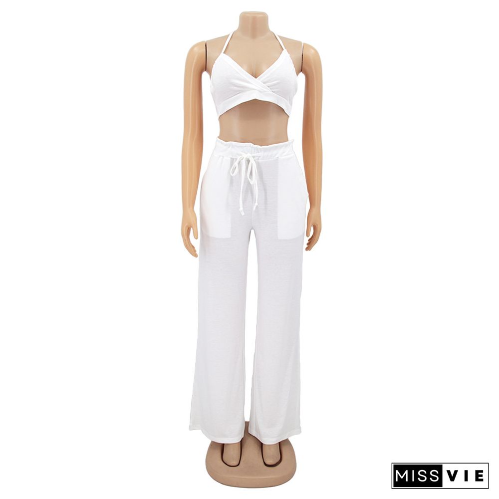 Lace Up Halter Bra Crop Top+Wide Leg Pant Suits