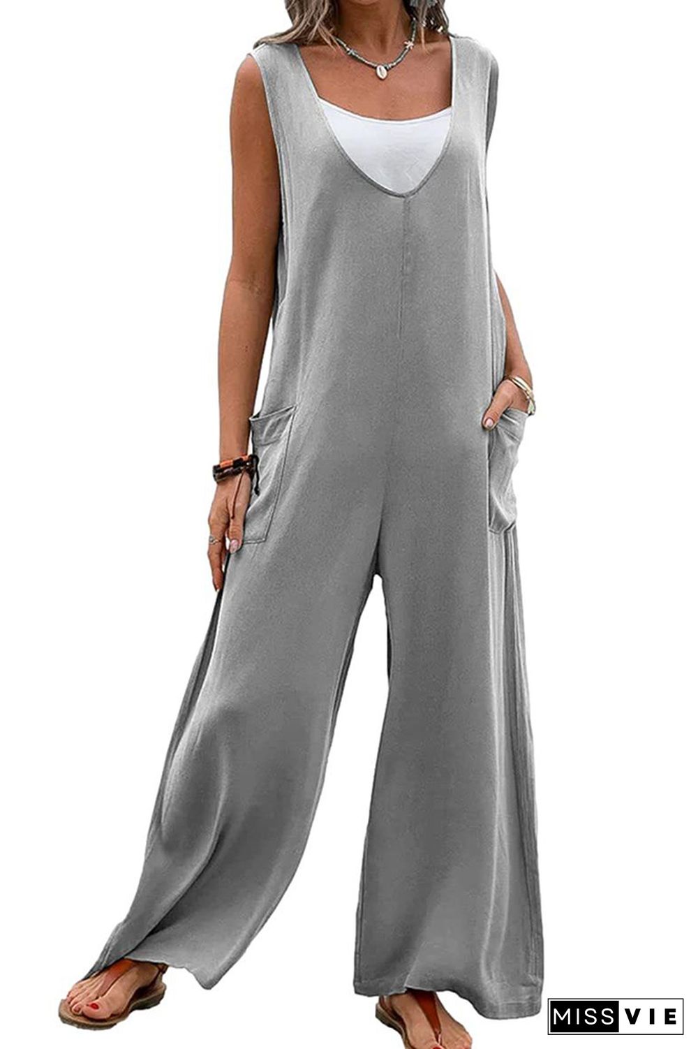 Plain V Neck Pockets Sleeveless Jumpsuit