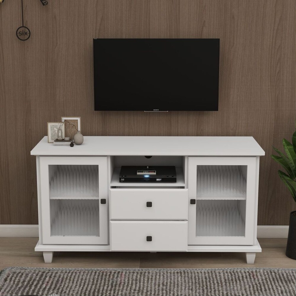 White 3 Layers Side Cabinet TV Stand 2 Glass Door 2 Drawer Storage