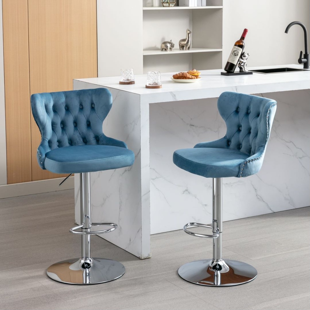 Barstool Set of 2 Dining Chair Swivel Silver Metal Base Footrest Cafe