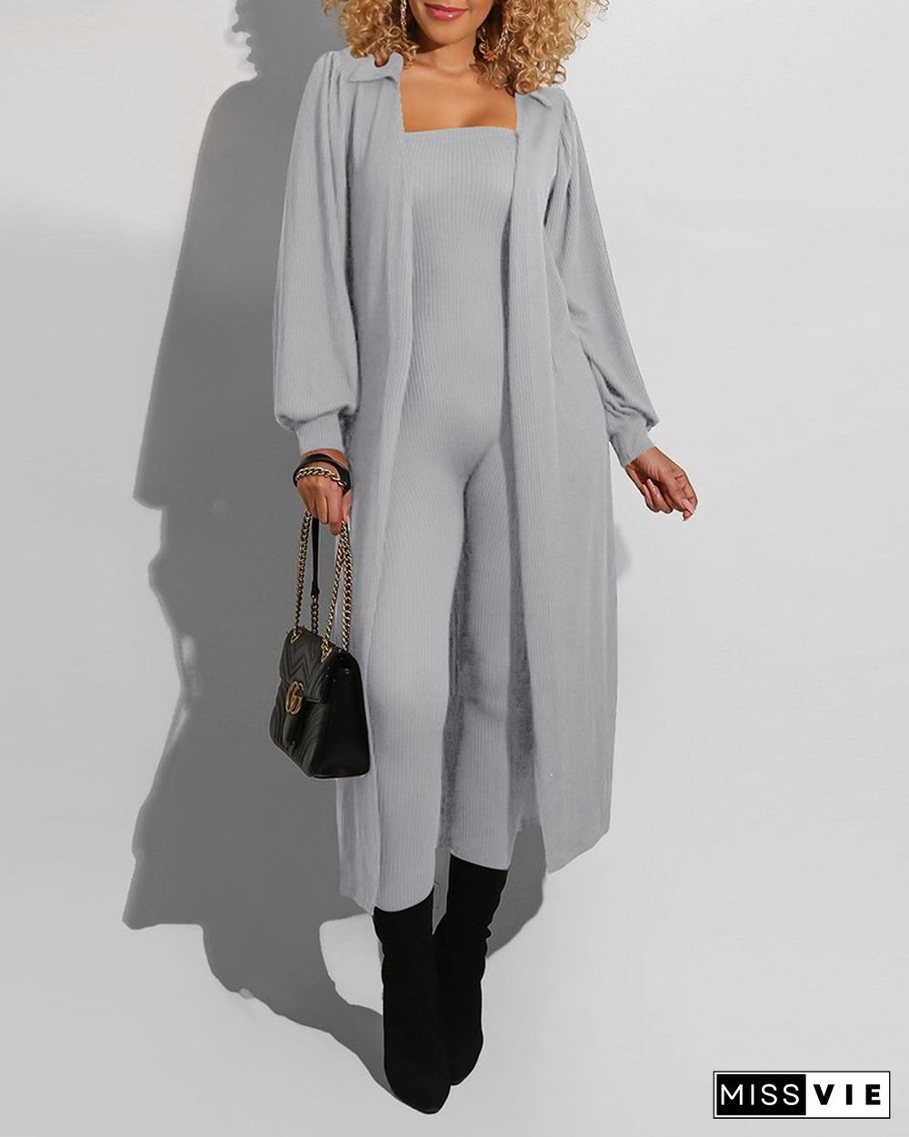 Solid Ribbed Bodice Jumpsuit With Lantern Sleeve Coat