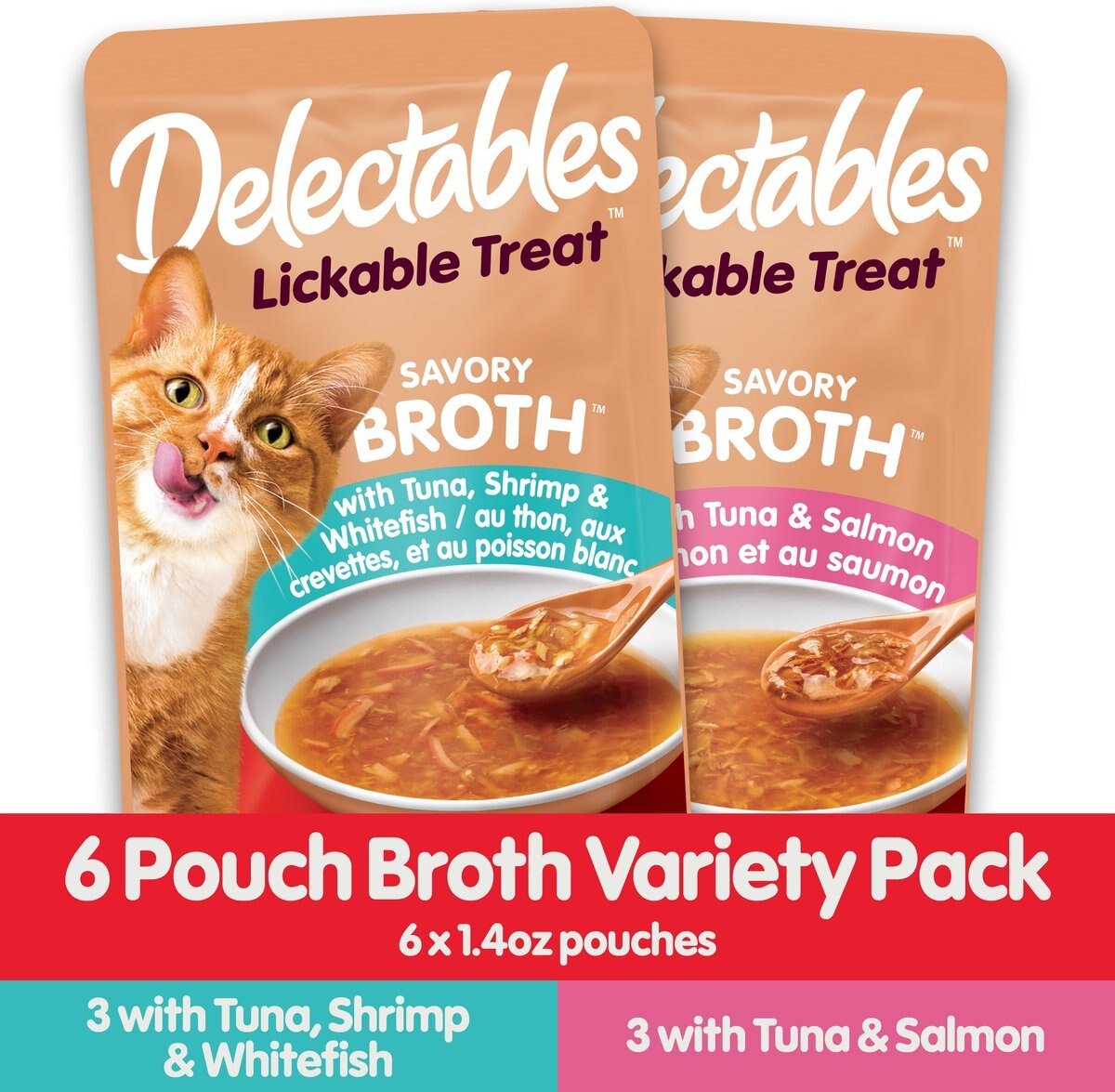 Hartz Delectables Savory Broths Lickable Cat Treats Variety Pack， 1.4-oz pouch， 6 Count