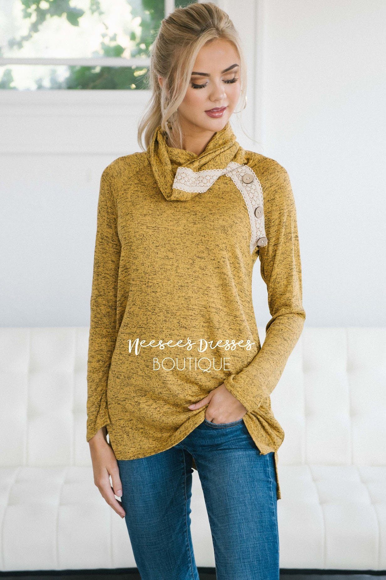 Lace & Buttons Cowl Neck Sweater