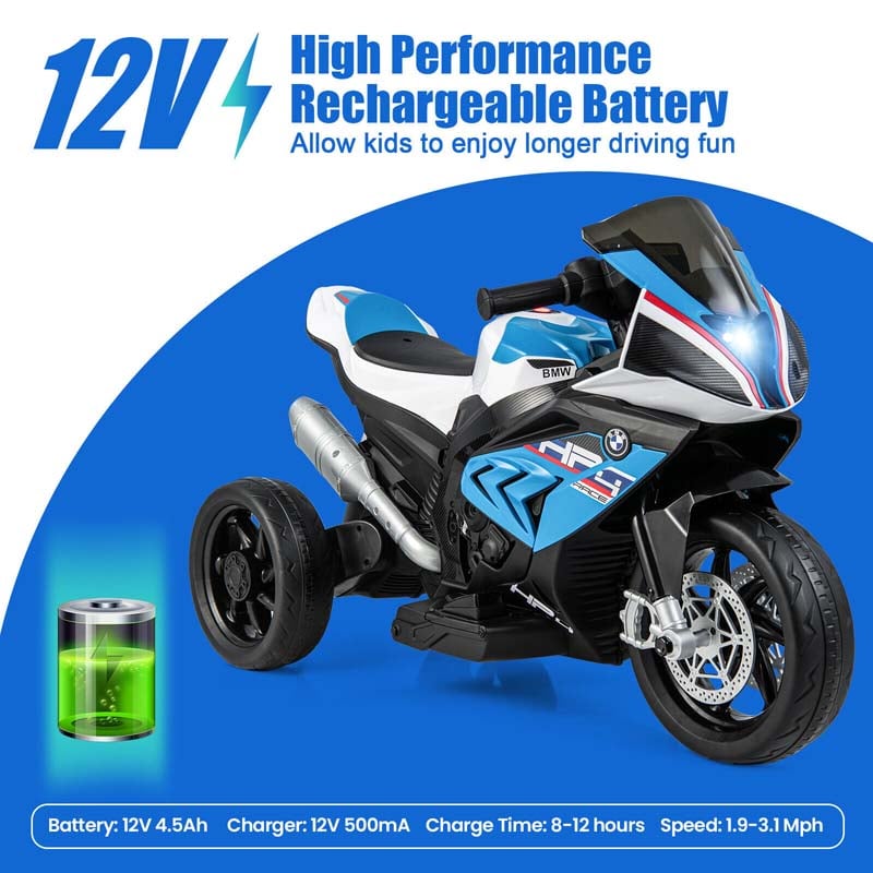 12V Licensed BMW Kids Ride on Motorcycle 3 Wheel Battery Powered Electric Riding Toy Trike with Light & Music