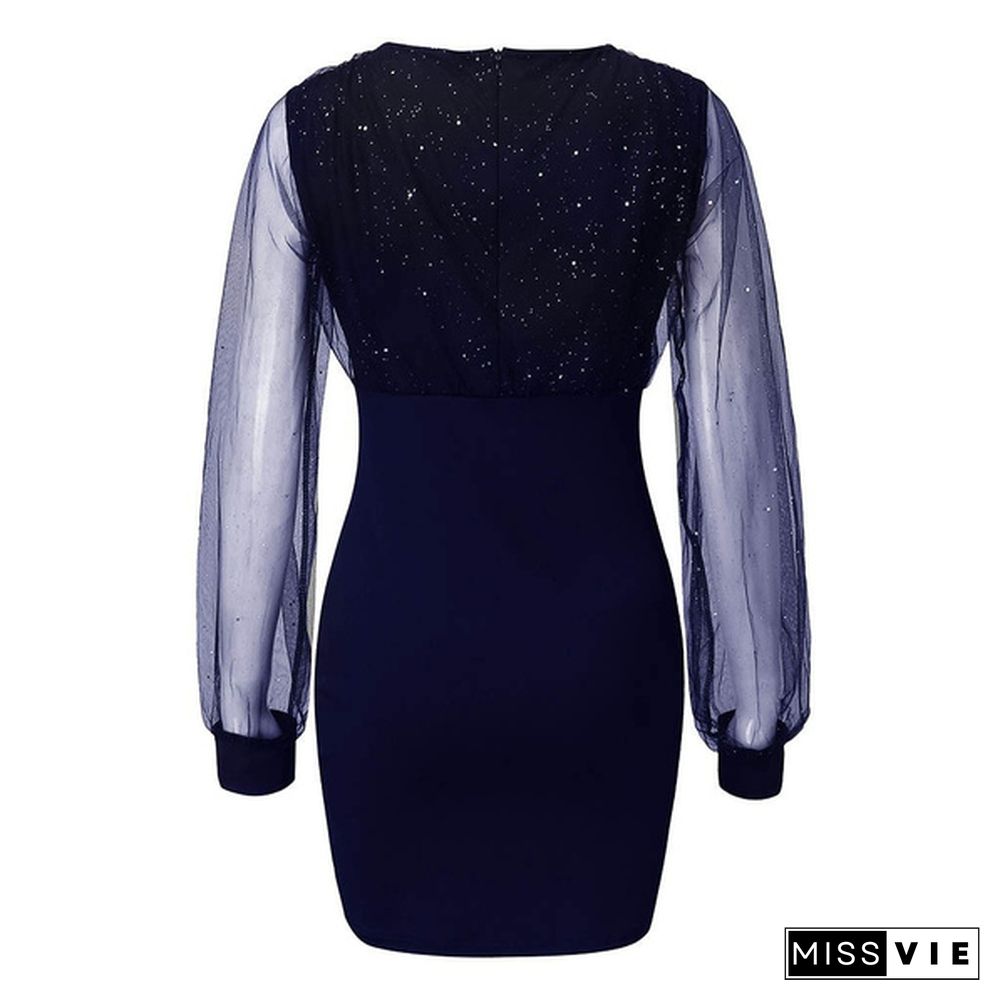 Women Fashion Long Sleeve V-Neck Slim Sequins Sexy Female Dress Black Retro Elegant Party Dress Vestidos