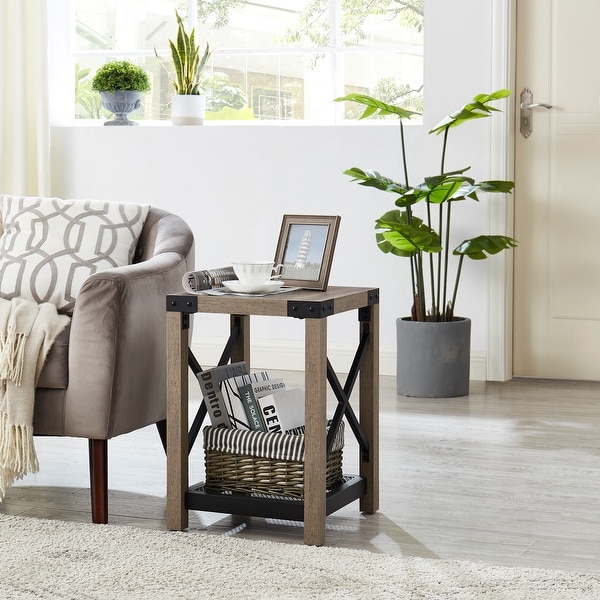 Farmhouse Wood Side Table， Nightstand with Mesh Shelf