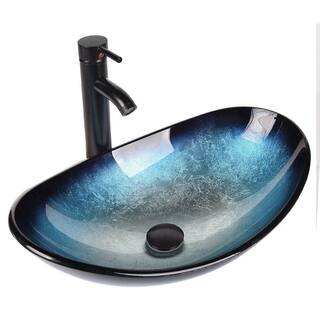 Puluomis Boat Shape Blue Glass Vessel Sink with Faucet in Black included Pop-up Drain USGB0005-BL