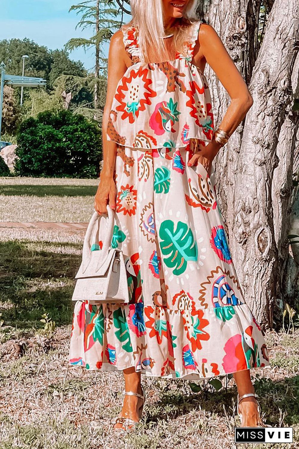 Boho Fake Two Piece Floral Maxi Cami Dress