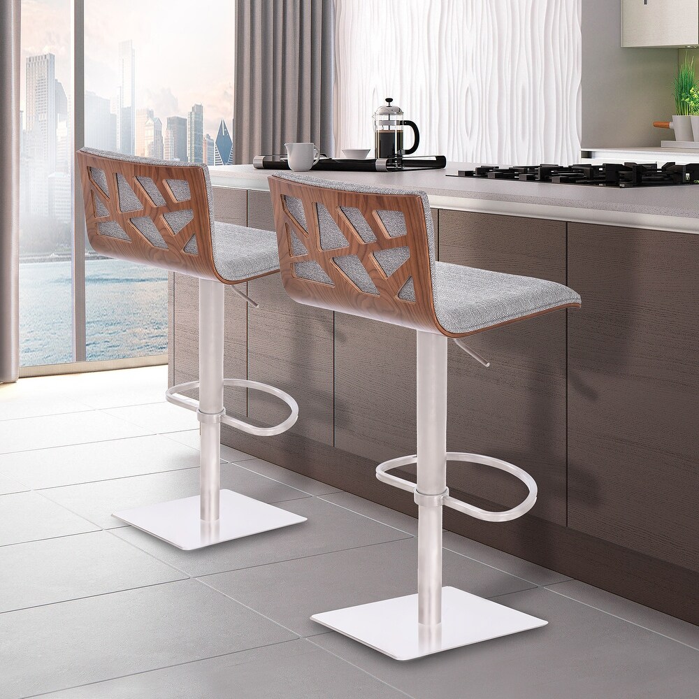 Armen Living Crystal Barstool in Brushed Steel finish with Grey Fabric upholstery and Walnut Back