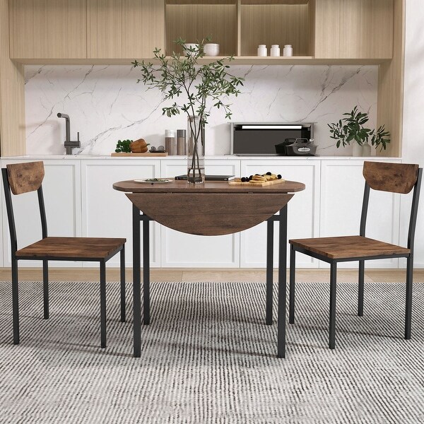 3 Piece Drop Leaf Dining Table Set， Modern Counter Height Round Dining Set with 2 Chairs， Wood Small Kitchen Table Set