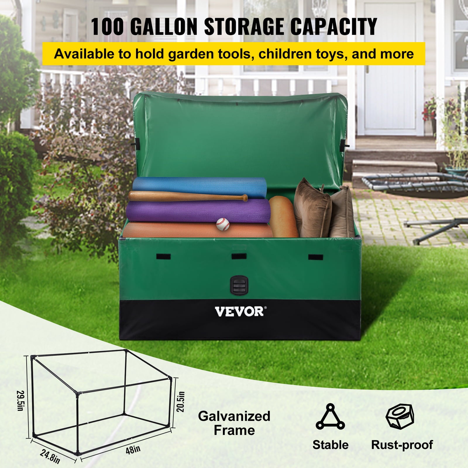 VEOVRbrand Outdoor Storage Box, 100 Gallon Waterproof PE Tarp Deck Box w/ Galvanized Frame, All-Weather Protection & Portable, for Camping, Garden, Poolside, and Yard,Black &Green