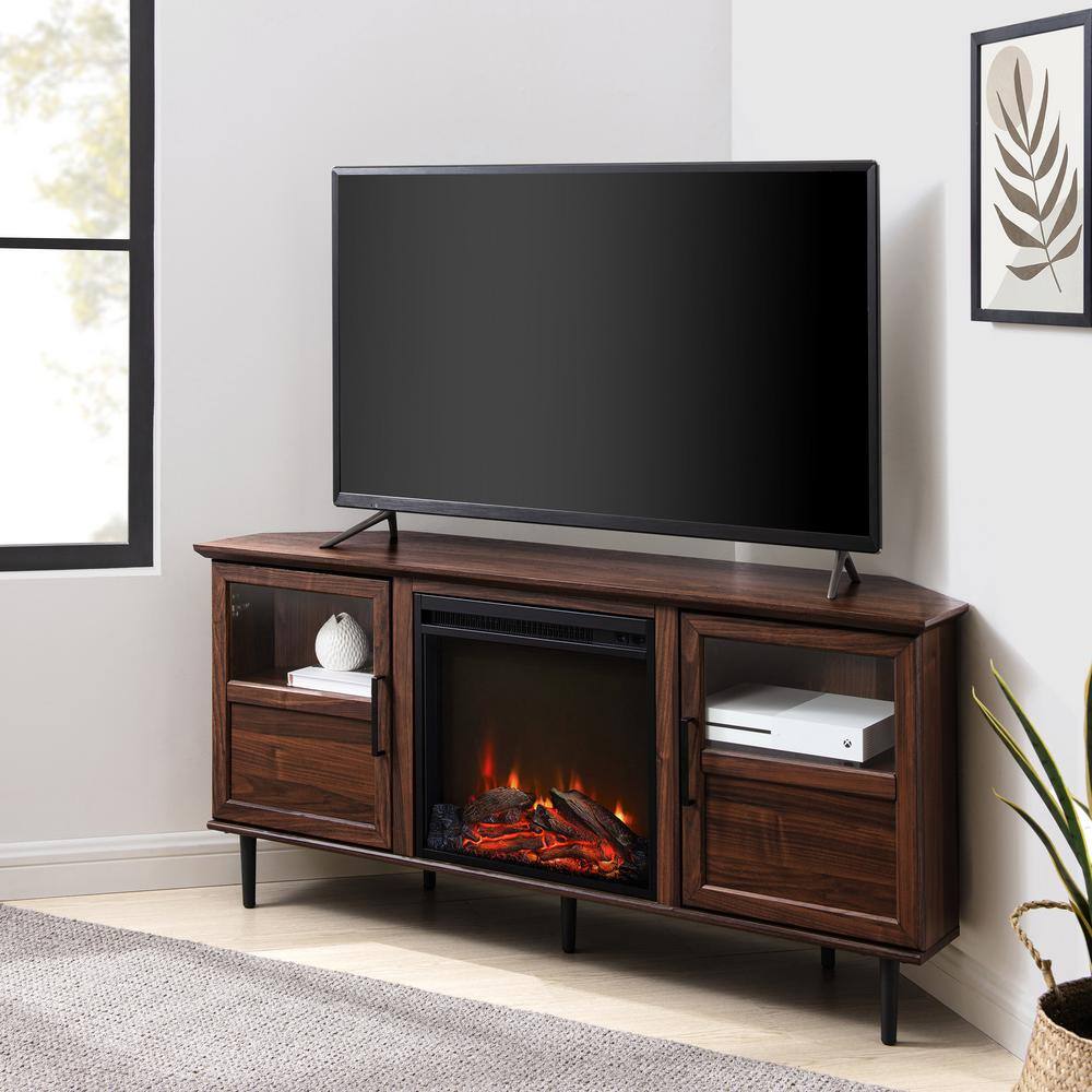 Welwick Designs 54 in. Dark Walnut Wood Electric Fireplace Corner TV Stand Fits TVs up to 60 in. with Split-Glass Doors HD9303