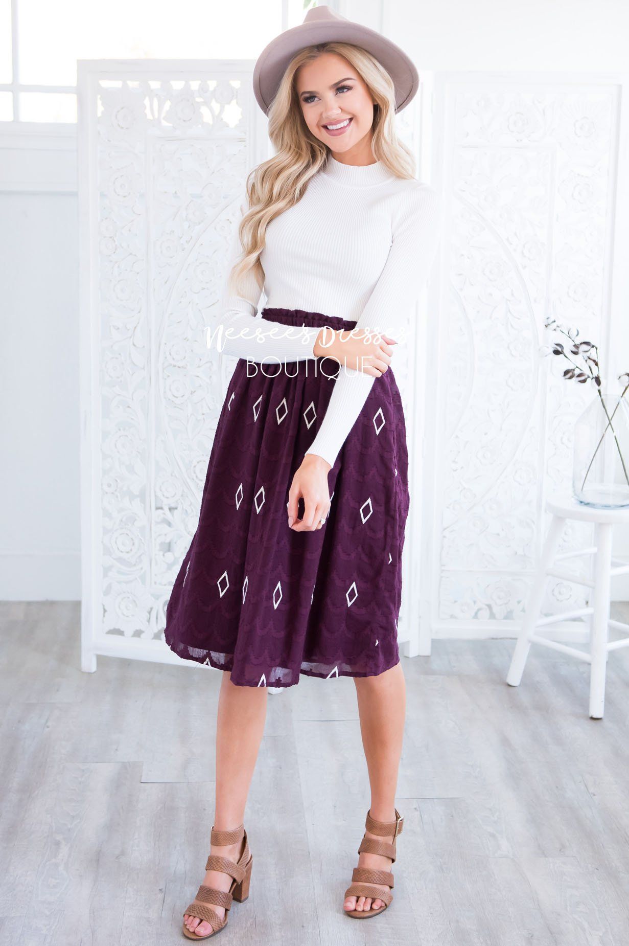 Diamond Print Textured Smocked Waist Skirt