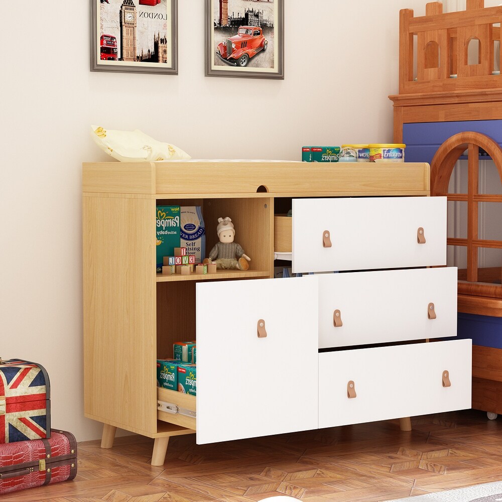 Baby Changing Table Dresser with 4 Drawers Shelf Hidden Trash Storage