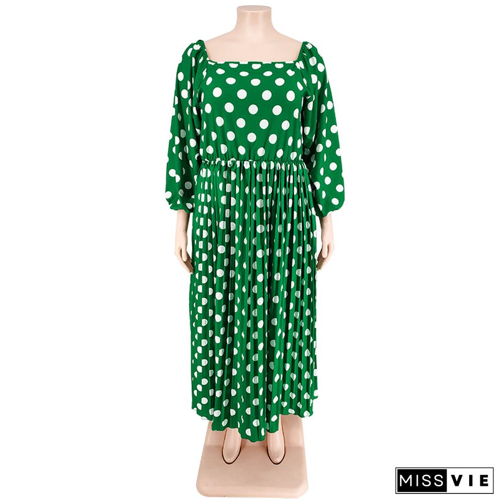 Long Sleeve One-Line Collar Pleated Print Polka Dot Dress (With Belt)