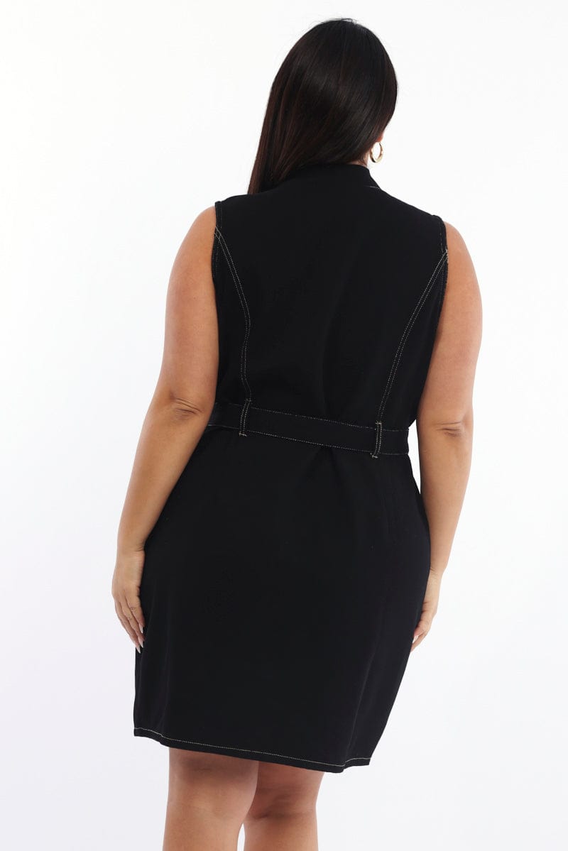 Black Button Thru Denim Sleeveless Dress