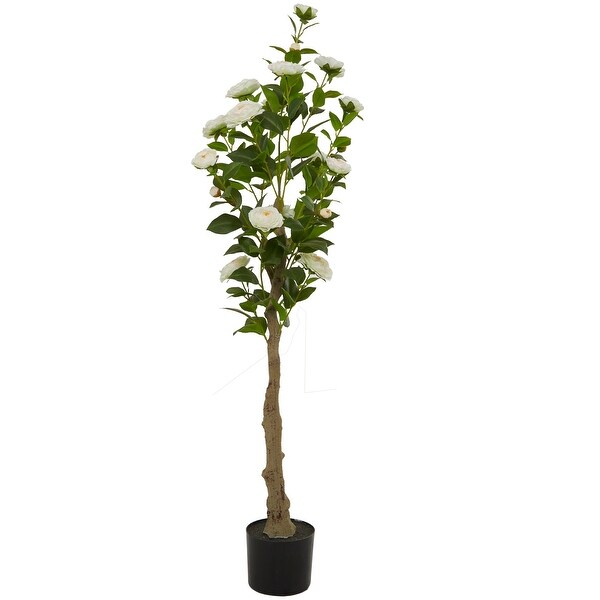 Green Faux Foliage Camellia Artificial Tree with Realistic Leaves and Black Plastic Pot