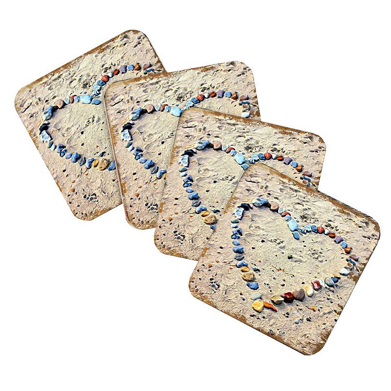 Heart Beach Art Coastal Wooden Cork Coasters Gift Set of 4 by Nature Wonders