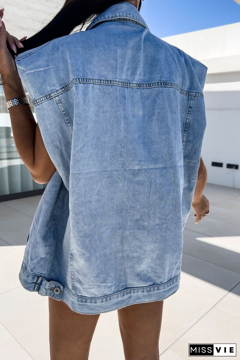 Casual Solid Patchwork Turndown Collar Sleeveless Regular Denim Jacket