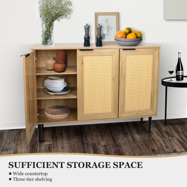 Wooden Kitchen Storage Cabinet with 3 Rattan Doors and Metal Legs