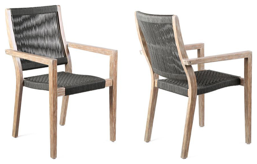 Madsen Outdoor Patio Charcoal Rope Arm Chair in Natural Acacia Finish   Set...   Contemporary   Outdoor Dining Chairs   by BisonOffice  Houzz