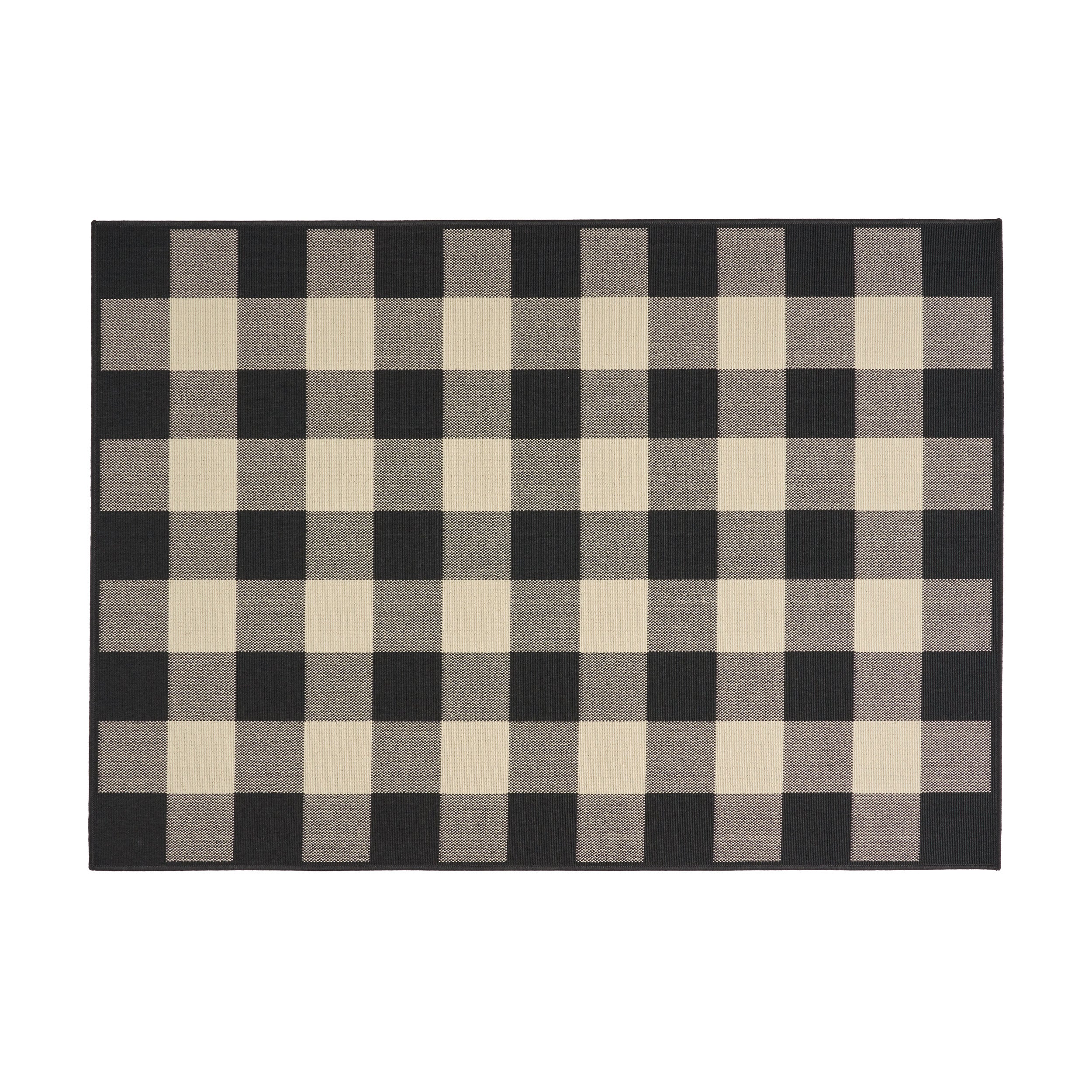 Jessica Outdoor Check Area Rug, Black and Ivory