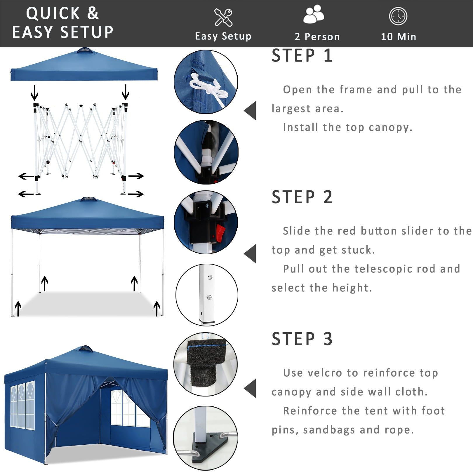 10' x 10' Straight Leg Pop-up Canopy Tent Easy One Person Setup Instant Outdoor Canopy Folding Shelter with 4 Removable Sidewalls, Air Vent on The Top, 4 Sandbags, Carrying Bag, Blue