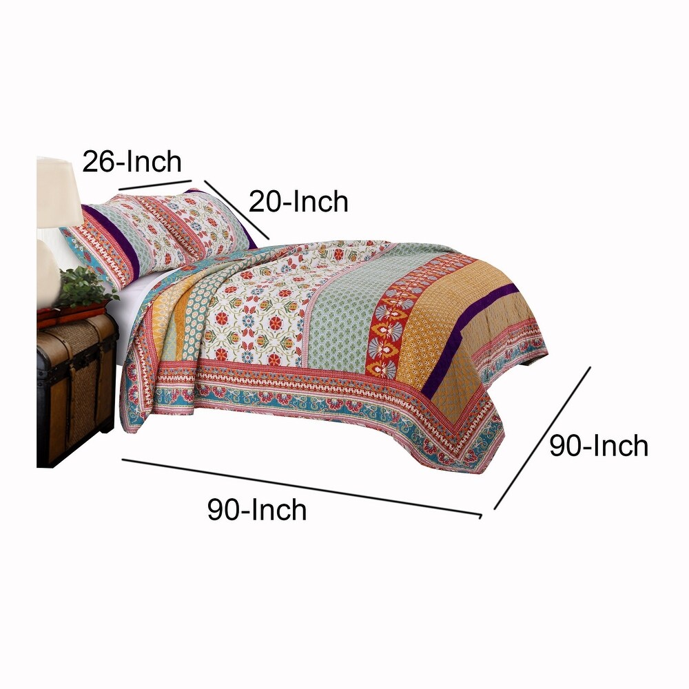 Geometric and Floral Print Full Size Quilt Set with 2 Shams  Multicolor