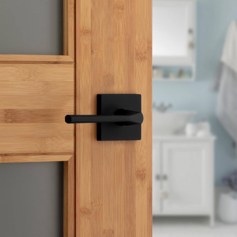 Kwikset Lisbon Square Matte Black Privacy BedBath Door Handle with Lock 730LSLSQT5146ALRCS