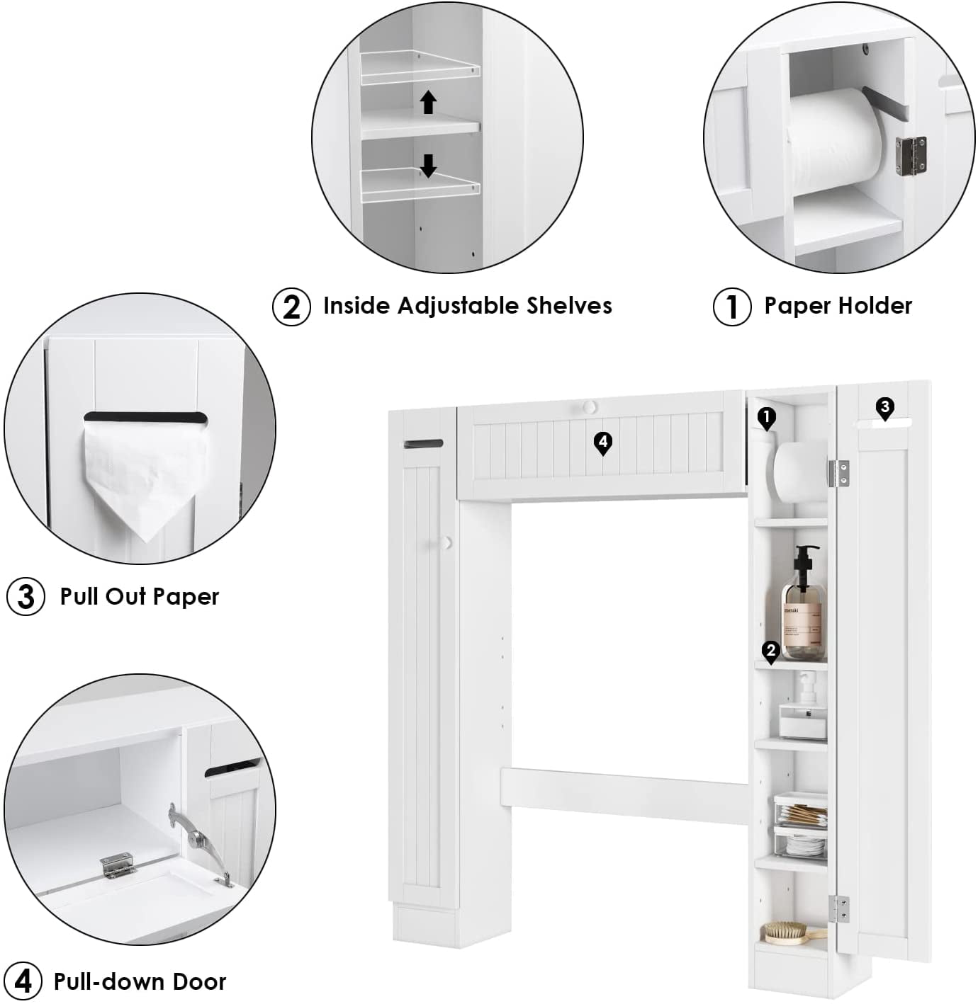 Homfa Over-The-Toilet Storage Cabinet with 2 Side Doors, Freestanding Toilet Cabinet Organizer with Adjustable Shelves & Paper Holder, Bathroom Space Saver with Pull-Down Door, Toilet Rack, White