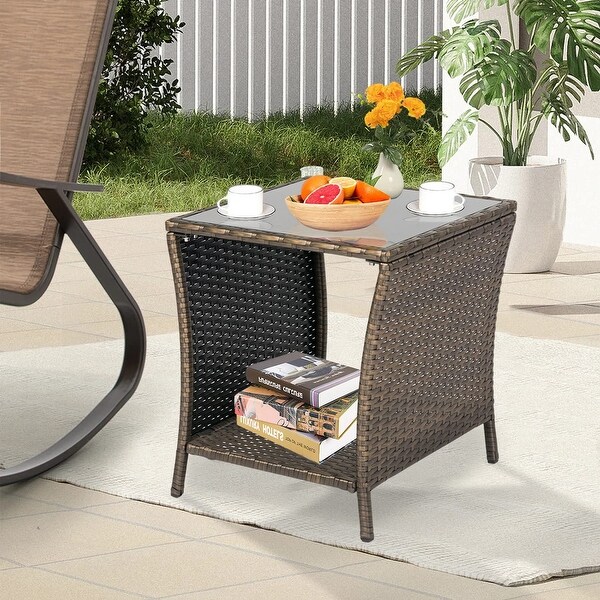 Patio Wicker Table，Outdoor Rattan Side Table，Coffee Table w/ Storage Tempered Glass Top Bistro Table，Brown