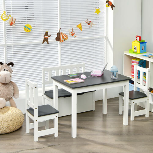 4 PCS Kids Wooden Activity Table & Chairs Set w/Storage Bench Study Desk