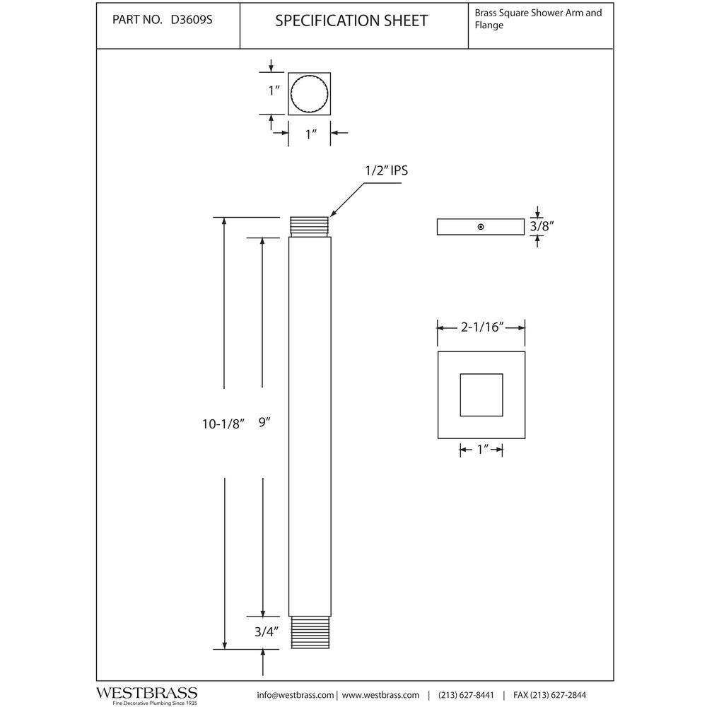 Westbrass 12 in. IPS x 9 in. Square Ceiling Mount Shower Arm  Flange Matte Black D3609S-62