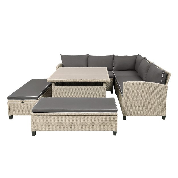 6 piece Outdoor Patio Wicker Rattan Sectional Sofa With Table And Bench For Backyard Garden Pool Side Brown Modernluxe