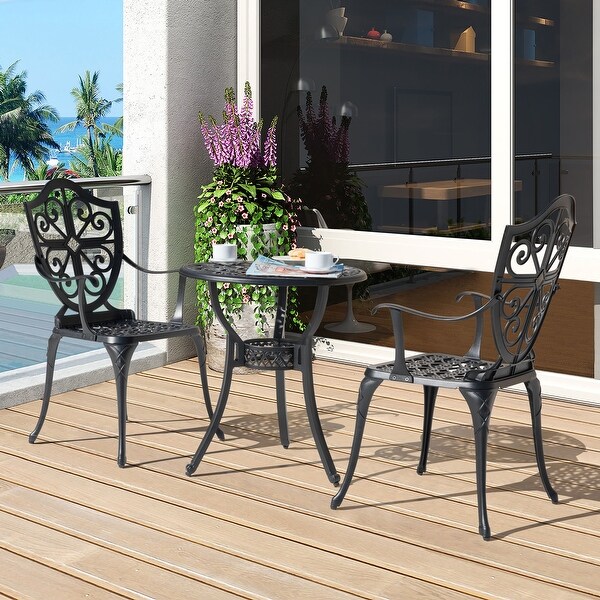 24 Inch Cast Aluminum Bistro Table with Umbrella Hole and 2 Bistro Chairs