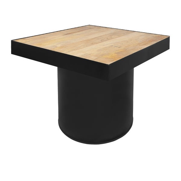 21 Inch Wooden Side Table with Block Metal Base， Brown and Black