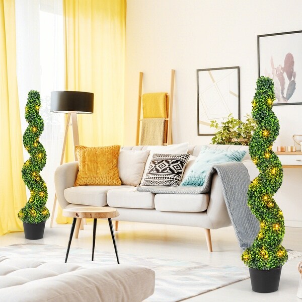 PreLit Artificial Boxwood Spiral Topiary Tree Set of 2 with 100 LED Lights for Indoor Outdoor Decor