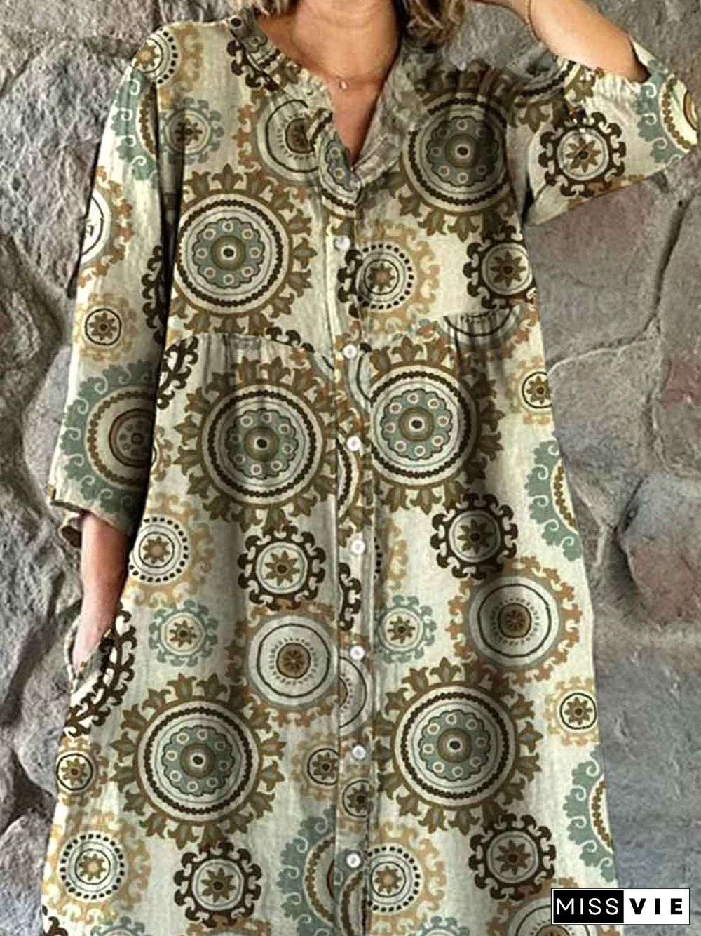 Women's Bohemian Ethnic Geometric Print Cotton And Linen Dress