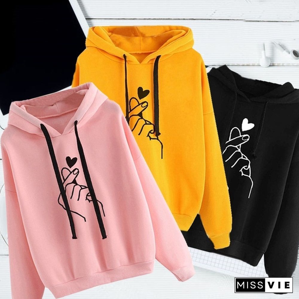 Women Hooded Sweater Casaul Printed Heart Long Sleeve Solid Color Hooded Finger Heart Hoodie Pullover Tops Hoodies Coat