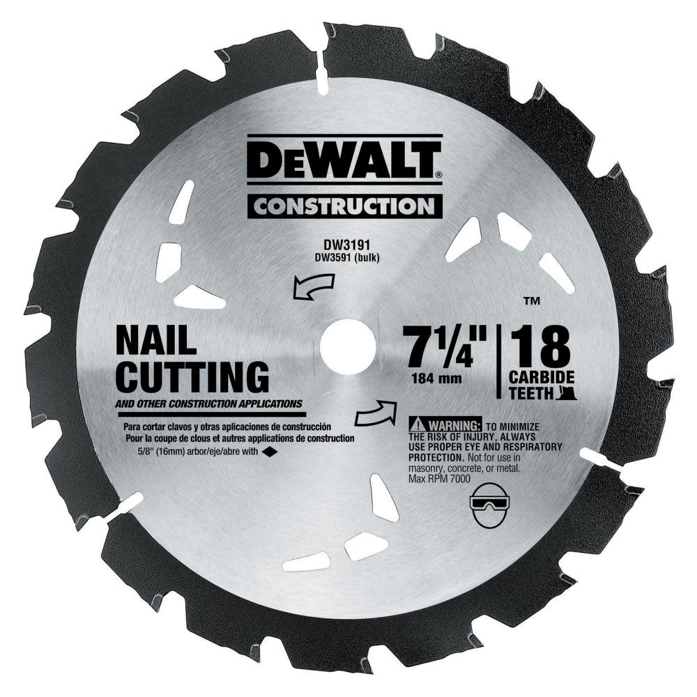 DEWALT Series 20 7-1/4 in. 18T Nail Cutting Circular Saw Blade DW3191 from DEWALT