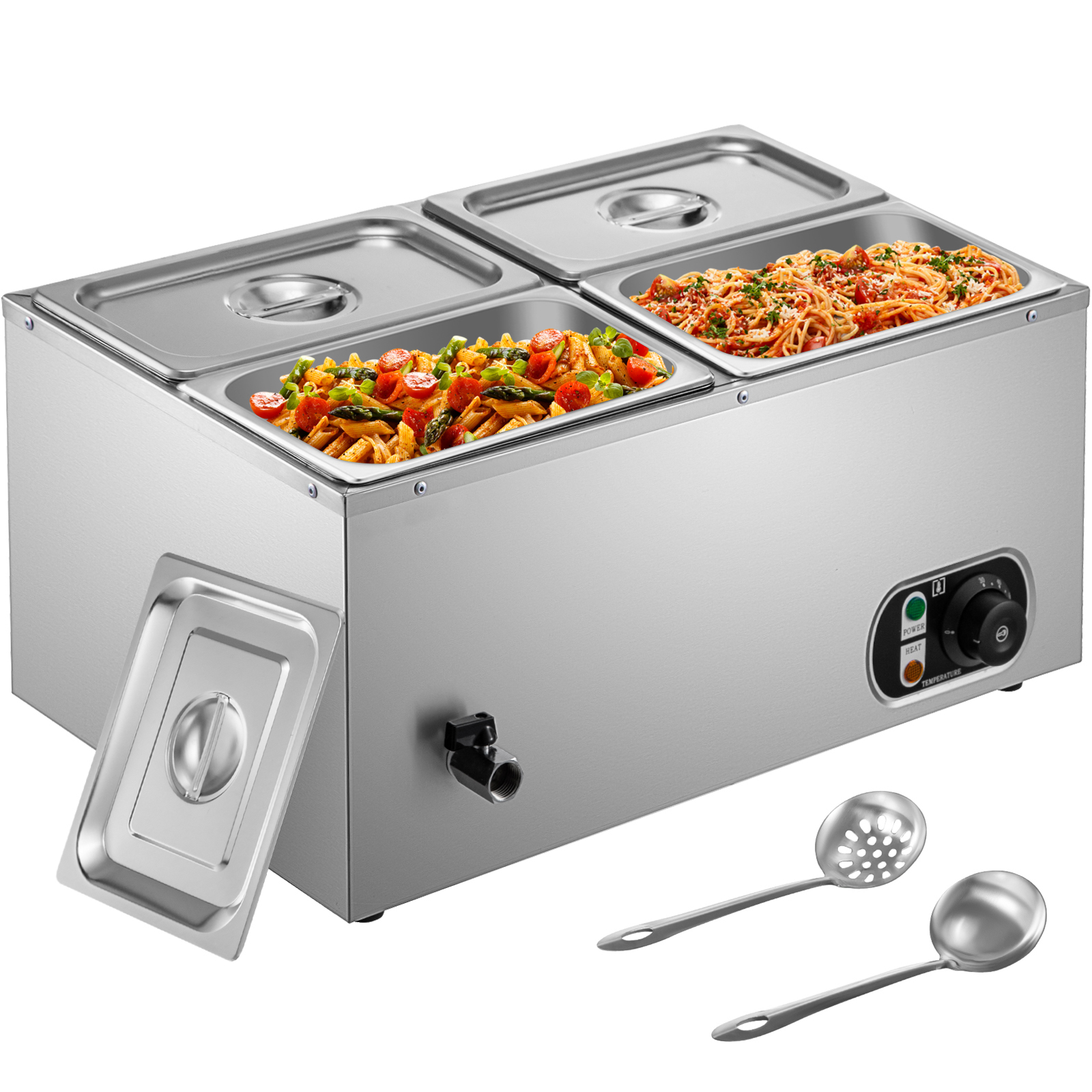 BENTISM 110V Commercial Food Warmer 4x1/4GN， 4-Pan Stainless Steel Bain Marie 24 Qt Capacity，1500W Steam Table 15cm/6inch Deep，Temp. Control 86-185℃， Electric Soup Warmer with Lids and 2 Ladles