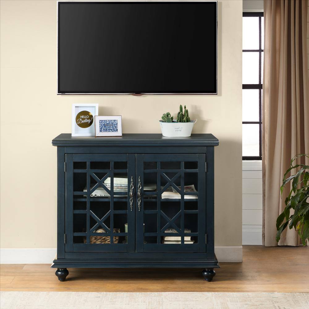 Martin Svensson Home Elegant Blue Glass TV Stand Fits TVs Up to 42 in. with Adjustable Shelves 91035