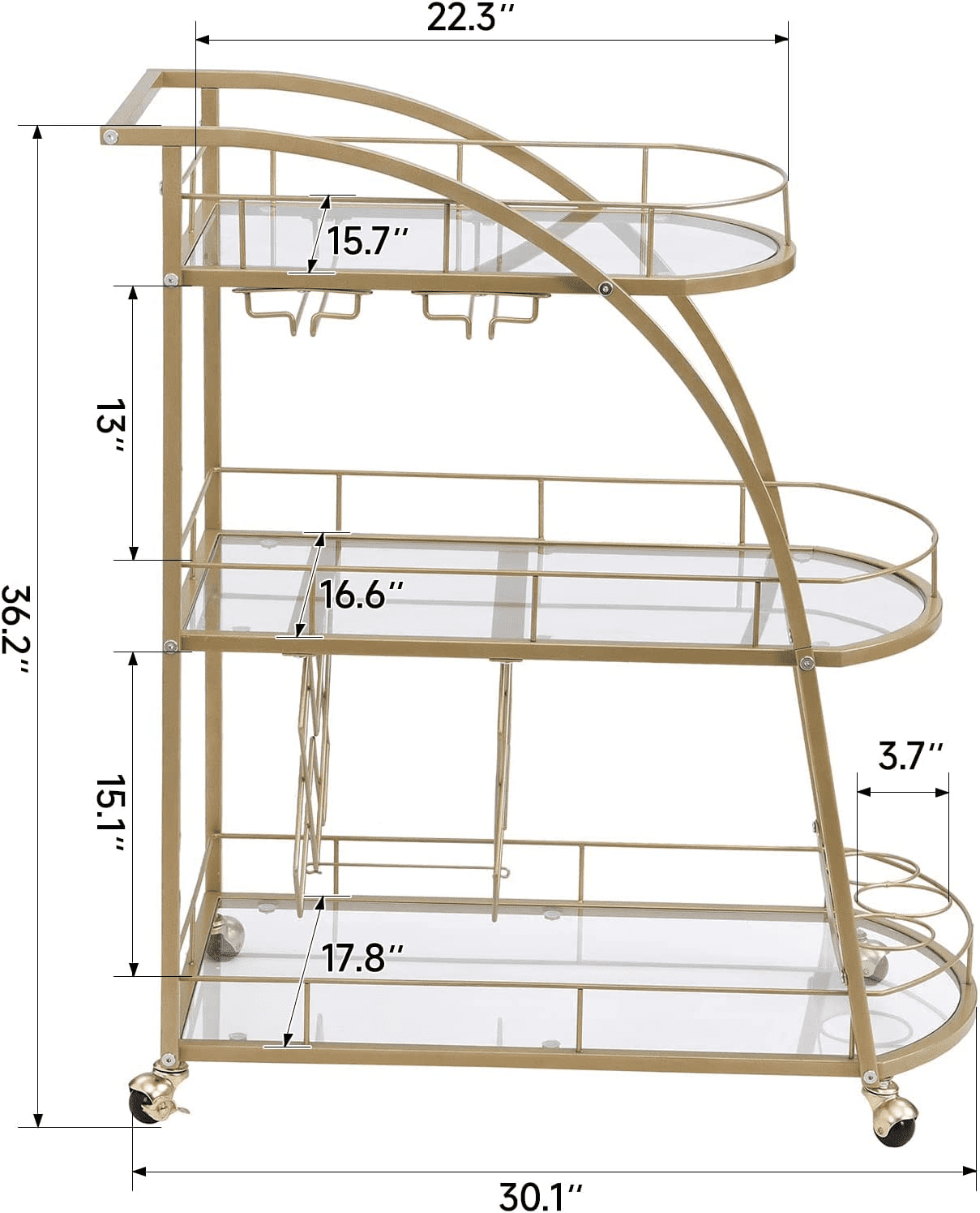 Gold Bar Cart on Wheels， 3 Tier Home Bar Serving Cart with 3 Glass Shelves， Wine Racks， Glass Holders， for Kitchen， Dining Room