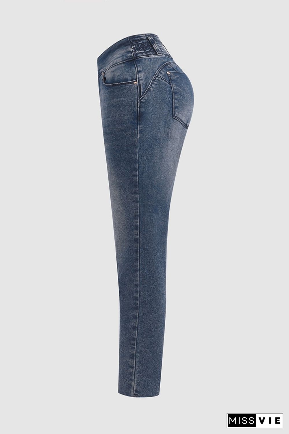 Button Detail Shirred Mid Waist Skinny Jeans