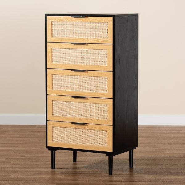 Maureen Mid-Century Modern Espresso Brown Wood and Rattan 5-Drawer Storage Cabinet - - 36118438