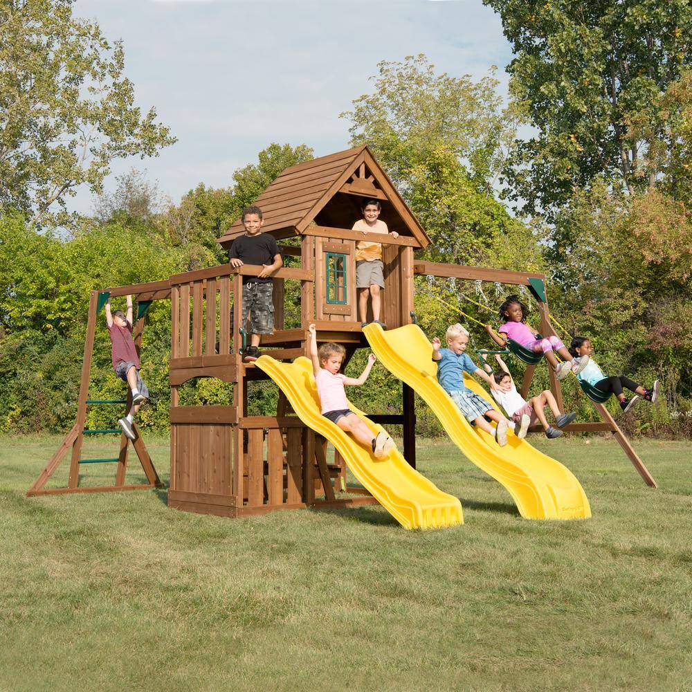 Swing-N-Slide Playsets Timberview Ready-To-Assemble Wooden Outdoor Playset with 2 Slides Monkey Bars Swings and Swing Set Accessories WS 8356